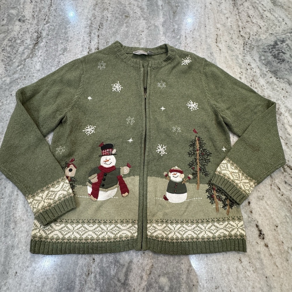 Croft & Barrow Green Knit Full Zip Cardigan Sweater Snowman Snowflake Sz L Silk